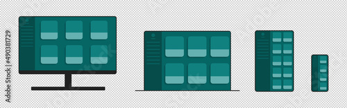 Responsive Website Design With Computer Monitor, Laptop, Tablet PC and Mobile Phone Screen. Vector illustration.