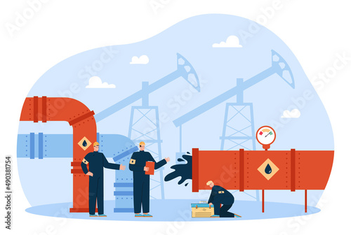 Workers in oil factory flat vector illustration. Men or people in uniform fixing broken petroleum pipeline or pipe. Oilmen working together. Industry, production, job concept