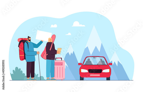 Man and woman hitchhiking on road flat vector illustration. Male and female tourists with backpacks and suitcases standing on road side and trying to stop car. Travel concept