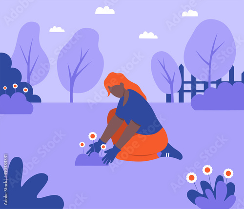 black girl is digging in the garden vector illustration in flat style