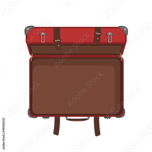 vintage leather classic travel red open suitcase in flat style
