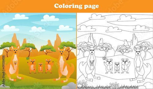 Printable coloring page for kids with australian scene with kangaroo and cute quokka animal  worksheet for school