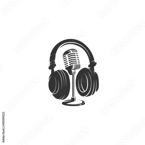 microphone and headphones, podcast silhouette logo design