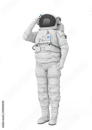 astronaut explorer is doing a soldier salute pose on white background