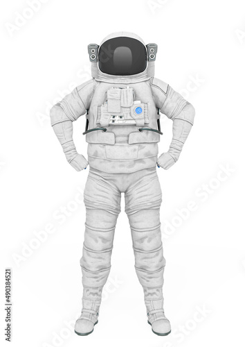 astronaut explorer is doing a super hero pose on white background front view