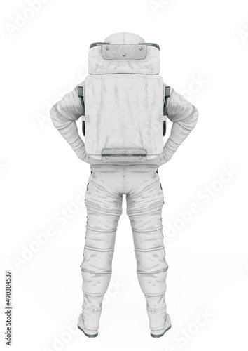 astronaut explorer is doing a super hero pose on white background rear view