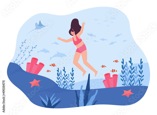 Girl in swimsuit jumping into sea flat vector illustration. Young woman in snorkel and mask diving alone, watching reef and marine animals. Ocean, underwater concept