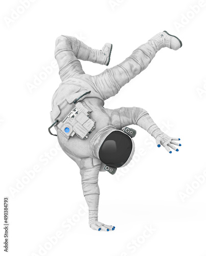 astronaut explorer is dancing hip hop on white background