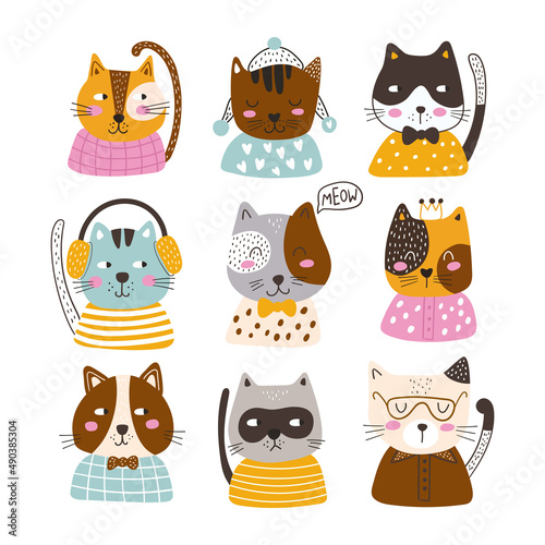 Set with cute cat on a white background. Kids print. Vector illustration.