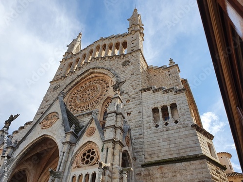 The modernist facade of the parish church of Sant Bartomeu, Soller, Mallorca, Balearic Islands, Spain