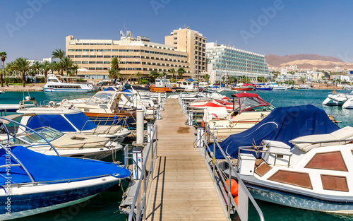 Marina of the Red Sea with pleasure tourist motorboats and vacation hotels fo...