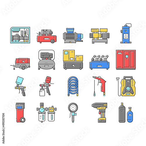 Air Compressor Tool Collection Icons Set Vector .