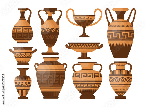 Ancient Greek pottery and vases cartoon illustration set. Amphora, jars, jugs and pots with patterns, ornament and decorations for oil and liquids. Grecian earthenware concept