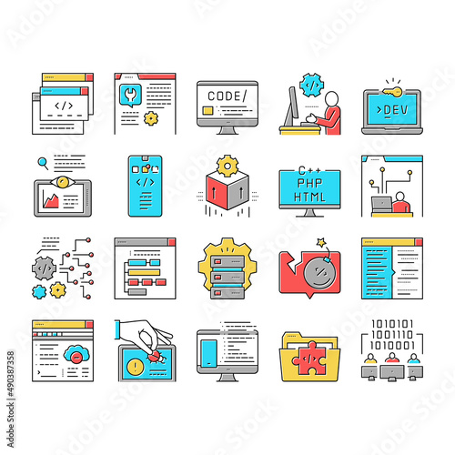 Dev Code Occupation Collection Icons Set Vector .