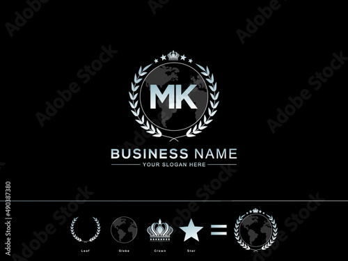 Initial MK m k letter Logo, Global mk creative two letters logo and circle Leaf Globe Royal Crown and Star image design photo