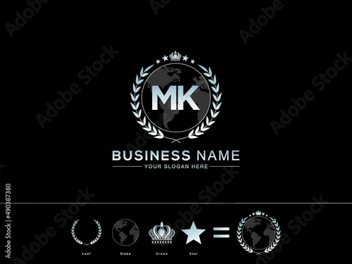 Foto Initial MK m k letter Logo, Global mk creative two letters logo and circle Leaf