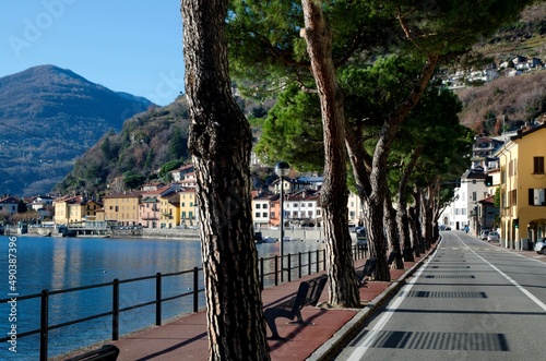 Cityscape with Trees and Mountain in Gera Lario in Lombardy, Italy.