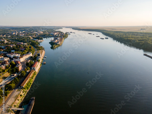 Fototapeta Naklejka Na Ścianę i Meble -  Aerial view of Danube River and City of Ruse, Bulgaria