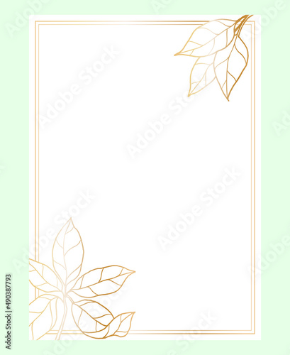 Rectangular postcard template with a rectangular frame decorated in the corner with a bouquet of decorative branches and leaves, hand drawn with a golden gradient stroke,
