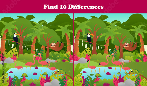 Find ten differences printable worksheet with tropical jungle paradise scene, pond with flamingo and toucan, sloth