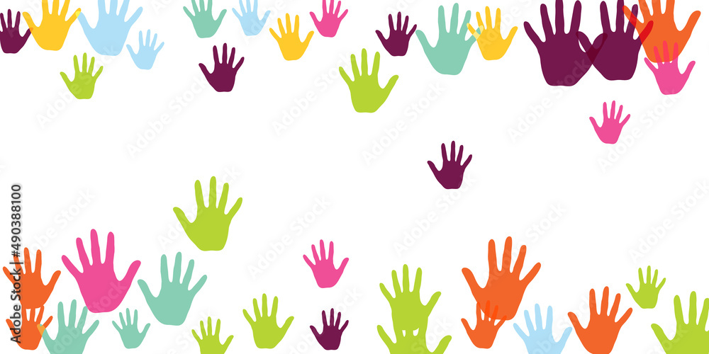Fototapeta premium Colorful children handprints art therapy concept background design.