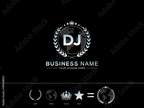Monogram DJ Logo Icon, Colorful Dj jd Letter Logo Design and New circle Leaf Globe Royal Crown and Vector Star Design