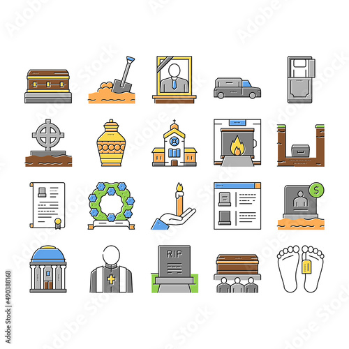 Funeral Burial Service Collection Icons Set Vector .