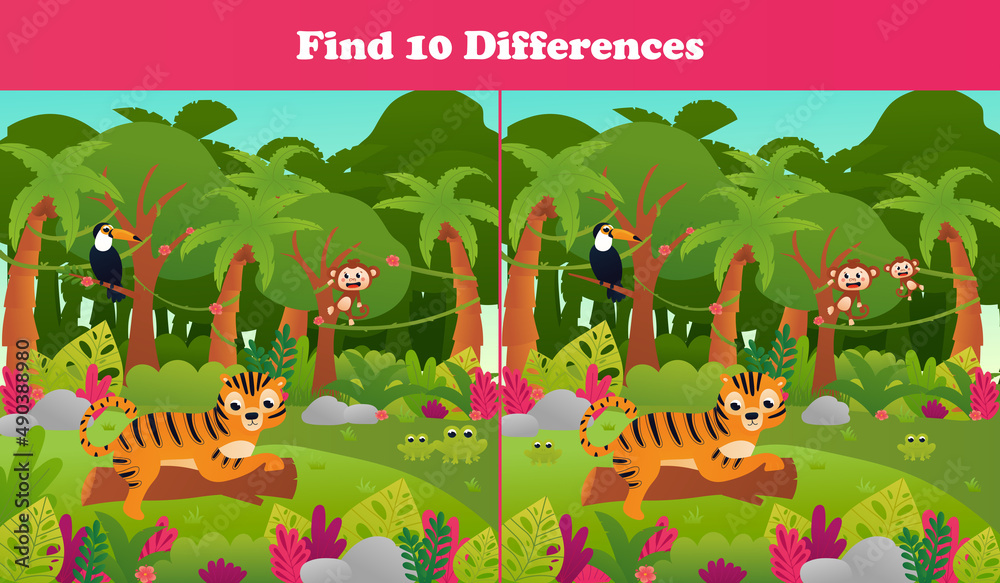 Find ten differences printable worksheet with tropical jungle paradise
