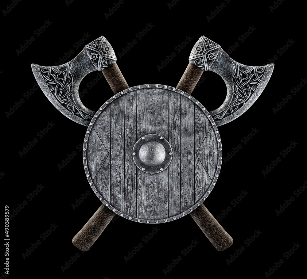 Round shield and two crossed axes isolated on black background Stock ...