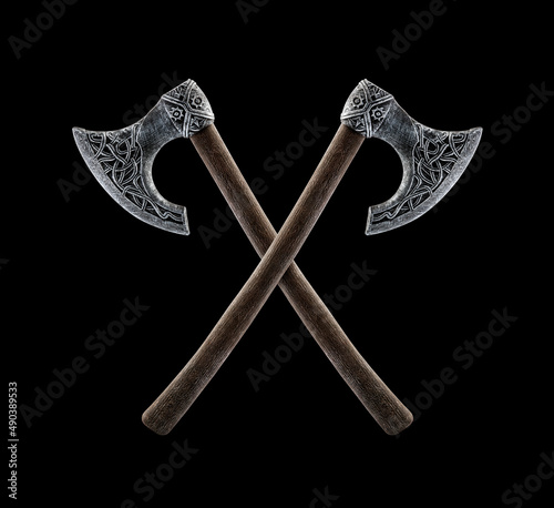 Two crossed axes isolated on black background