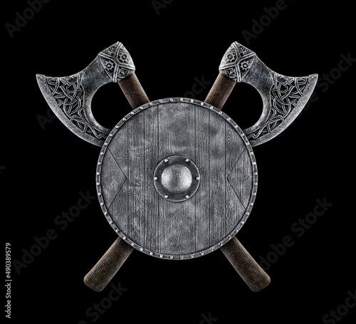 Round shield and two crossed axes isolated on black background