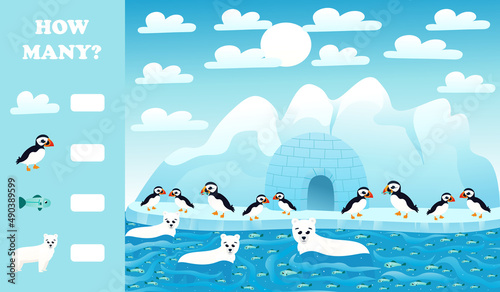 Printable educational worksheet for kids with how many puzzle, arctic animals wildlife with polar bears, puffins