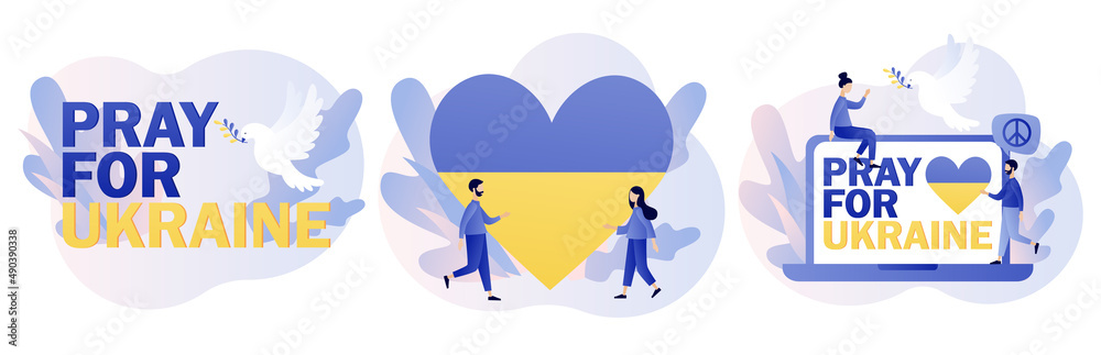 Pray for Ukraine. No war. Stop war. Flying bird as symbol of peace. Save Ukraine. Modern flat cartoon style. Vector illustration on white background Pray for Ukraine. No war. Stop war. Flying bird as symbol of peace. Save Ukraine. Modern flat cartoon style. Vector illustration on white background