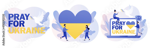 Pray for Ukraine. No war. Stop war. Flying bird as symbol of peace. Save Ukraine. Modern flat cartoon style. Vector illustration on white background