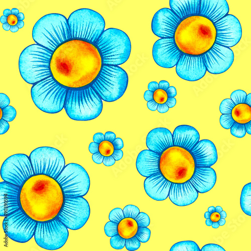 Chamomile flower baby seamless pattern on yellow background.