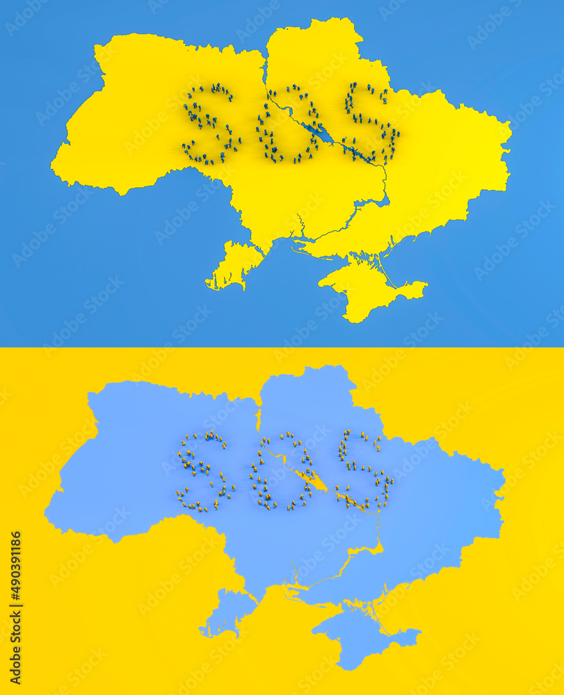 Ukraine map, flag, SOS call for help, aid to the civilian population. Protection and assistance against war and the Russian invasion. War crimes against the Ukrainian people. 3d rendering Ukraine map, flag, SOS call for help, aid to the civilian population. Protection and assistance against war and the Russian invasion. War crimes against the Ukrainian people. 3d rendering