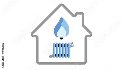 gas for home heating icon, house heating through flammable natural gas and radiator, blue flame flaming icon modern vector illustration