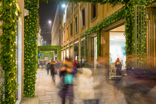Famous Luxury Shopping Street Via della Spiga with Christmas Decoration in Milan, Lombardy in Italy. photo