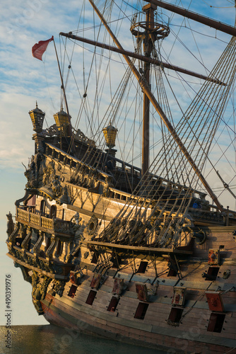 Old Sailing Ship with Sunlight in Genoa, Liguria in Italy.