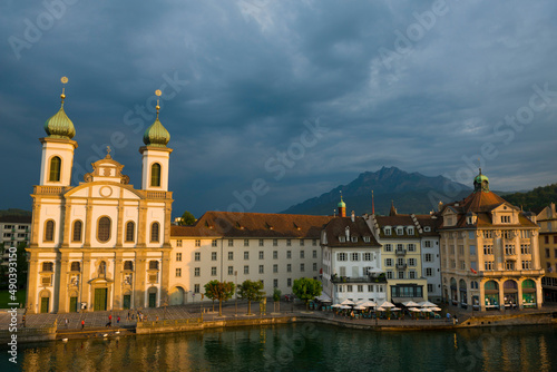 Panoramic View over Jesuitenkirche in City of Lucerne and Mountain Peak in Switzerland. photo