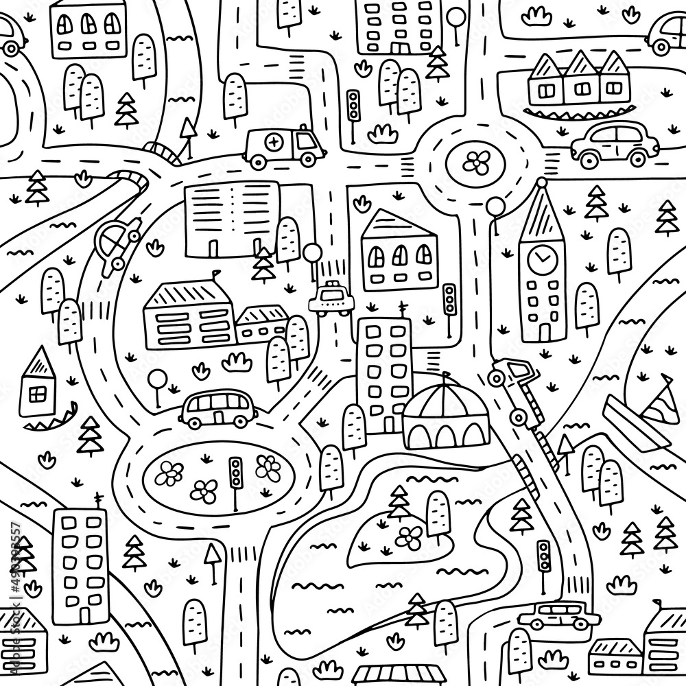 Cute map of a small town with roads, cars, houses and a river. Seamless pattern.