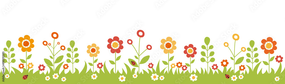 Panoramic flower garden. Colorful background with cute flower, plants and grass. Vector illustration.