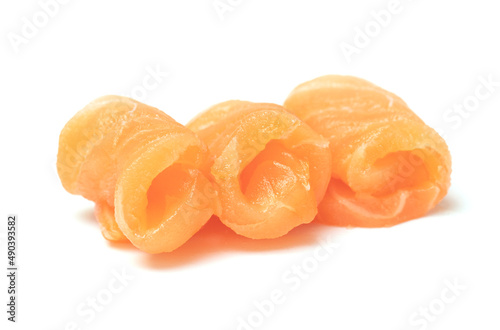 Salmon slices roll isolated white background.