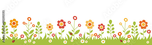 Panoramic flower garden. Colorful background with cute flower, plants and grass. Vector illustration.