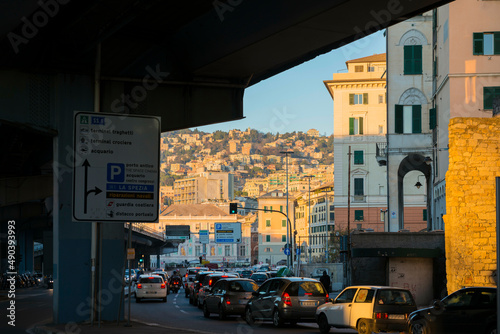 City of Genoa with House and Traffic in Liguria, Italy.