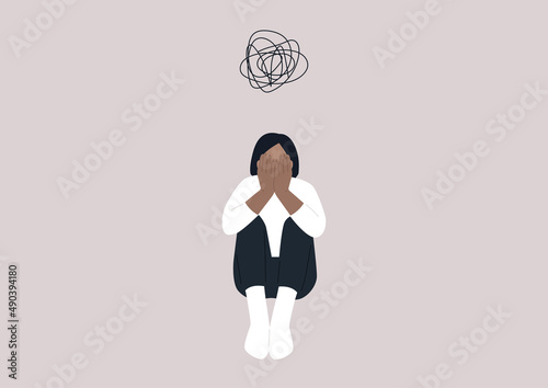 A young female character covering their face with hands, a desperate situation, racism, stress and anxiety, mental health issues