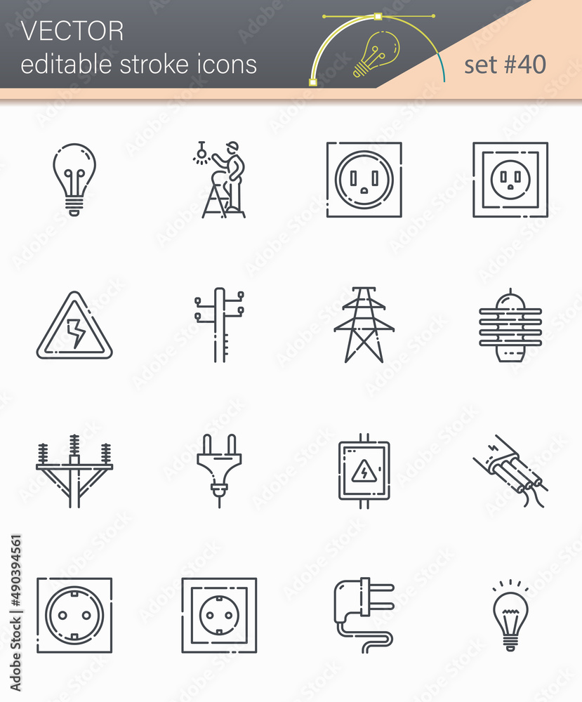 Vector power supply and electricity editable line icon set