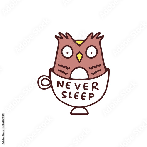 Owl and coffee cup, illustration for t-shirt, sticker, or apparel merchandise. With doodle, retro, and cartoon style.