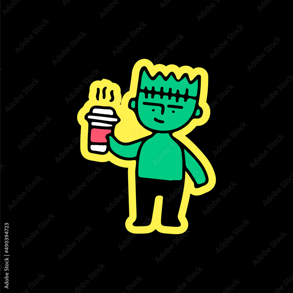 Frankenstein holding cup of coffee, illustration for t-shirt, sticker, or apparel merchandise. With doodle, retro, and cartoon style.