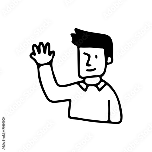 Young man with hello gesture, illustration with doodle, retro, and cartoon style.